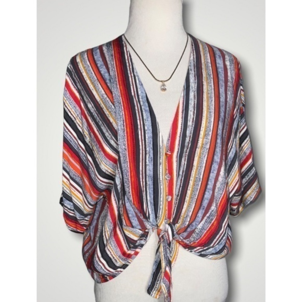 Mustard Seed Colorful Stripe V Neck Batwing Button Crop Tie Front Top S